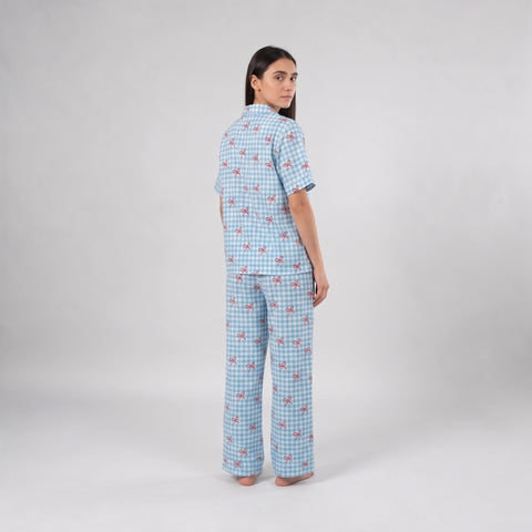 Chummy Red Ribbons Satin Pj Pants Half Sleeve
