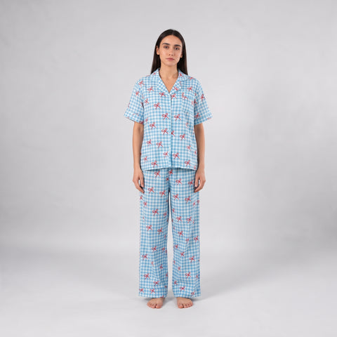 Chummy Red Ribbons Satin Pj Pants Half Sleeve